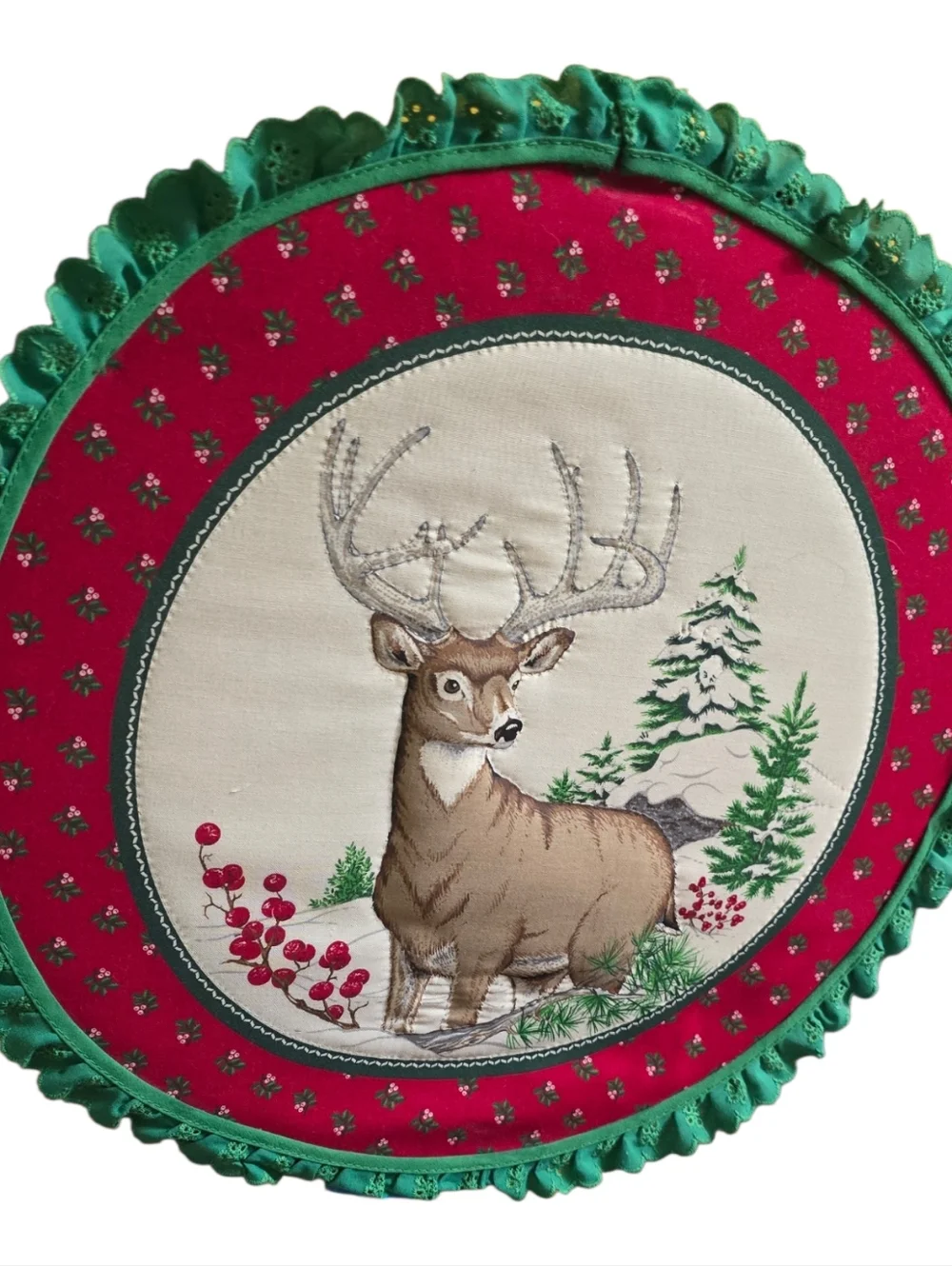 Vintage Deer Wall Hanging Round Fabric Plaque Christmas Cabin Decor Rustic